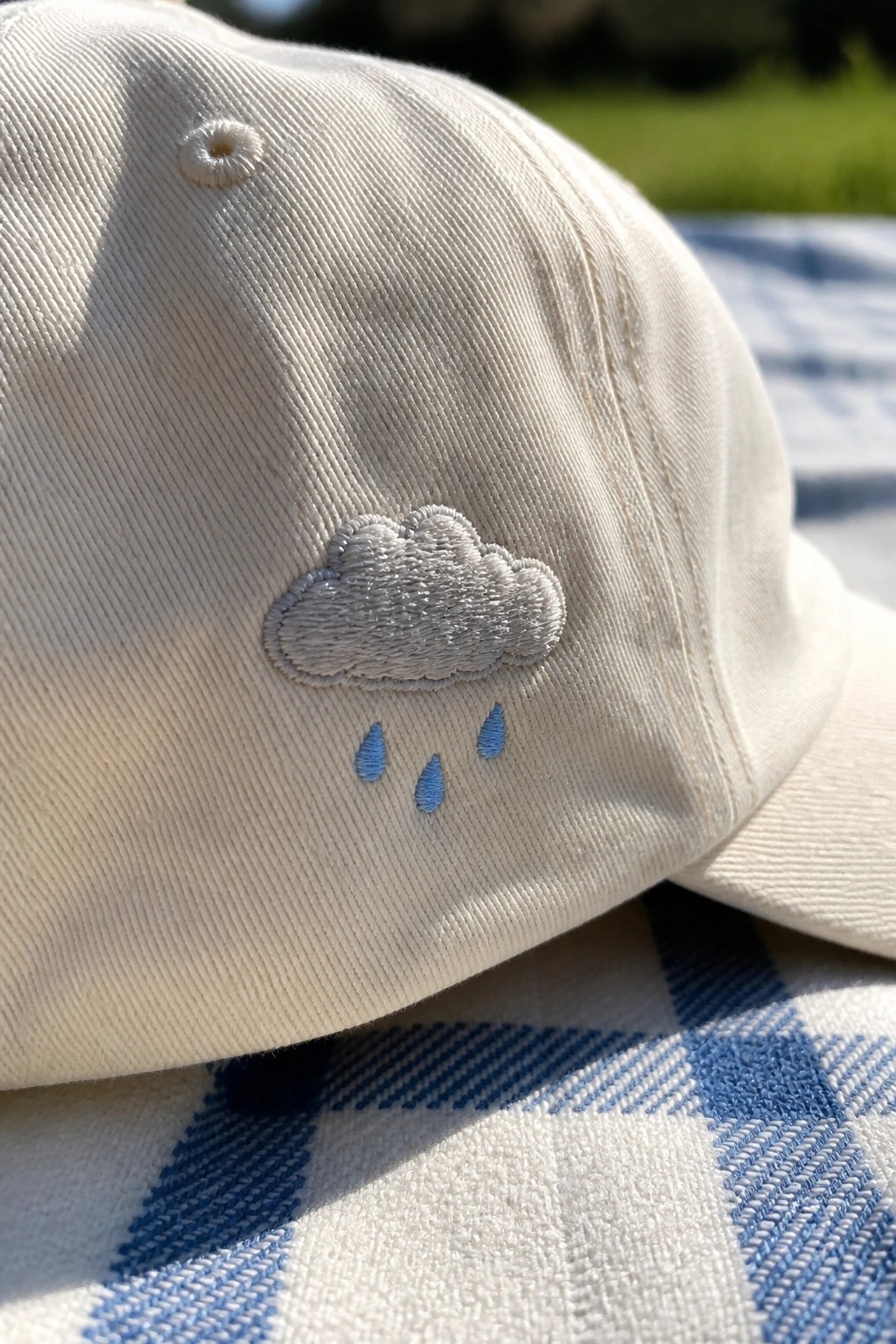 White baseball cap with embroidered gray cloud and blue raindrops on checkered blanket.