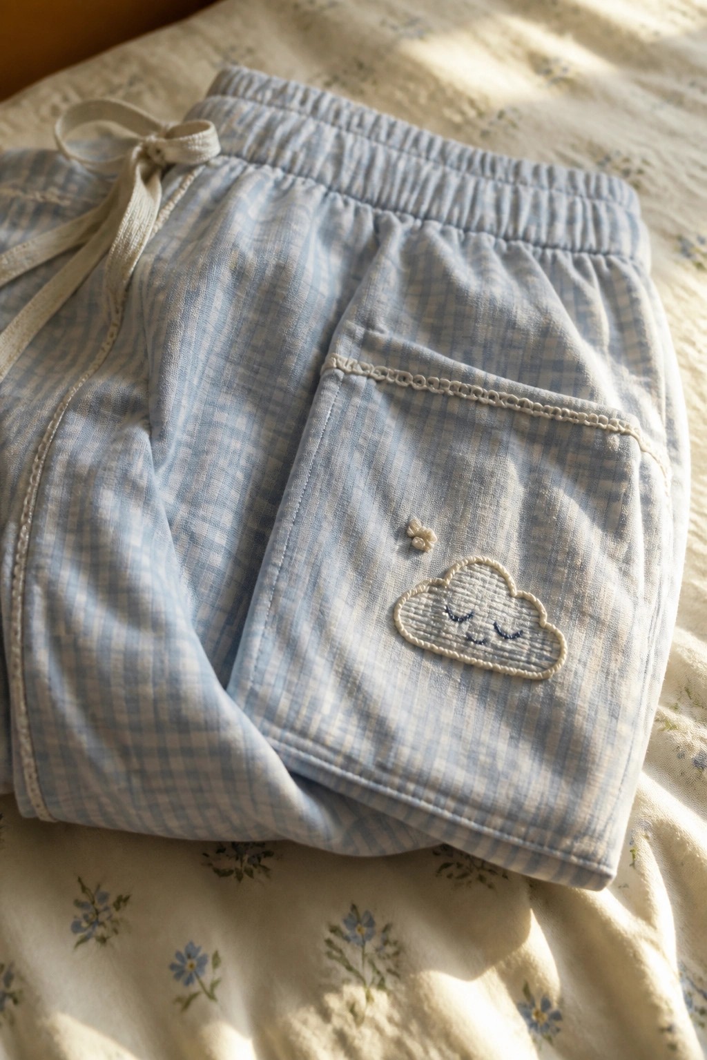 Blue checkered pajama shorts with sleeping cloud embroidery on pocket atop floral sheets.