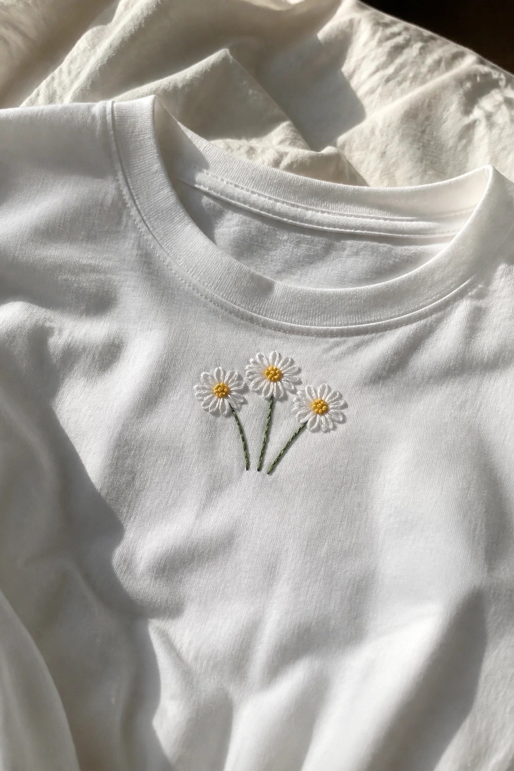 White t-shirt with three embroidered daisies, white petals, yellow centers, green stems.