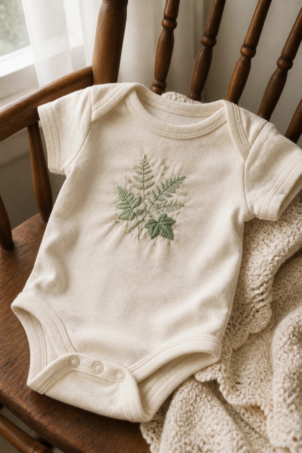 Cream baby onesie with green fern and leaf embroidery on the chest, laid on a wooden chair beside a knitted blanket.