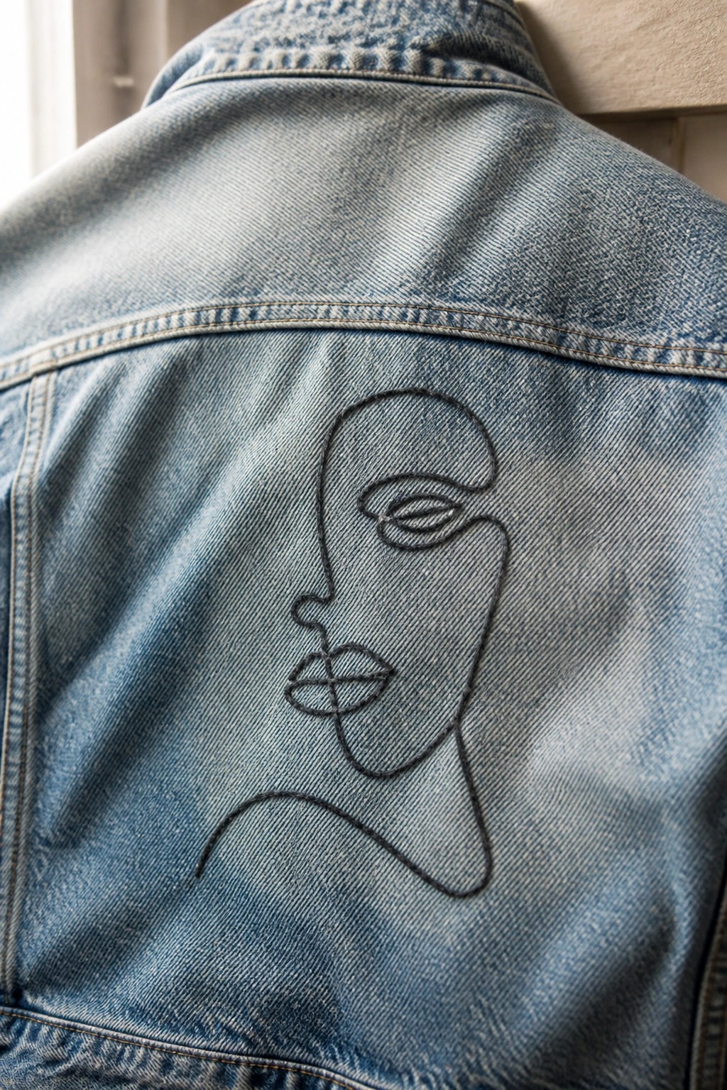 Faded blue denim jacket with black embroidered minimalist line-art face on back.