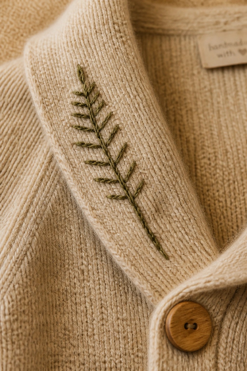Beige knitted cardigan with green embroidered fern and wooden button.