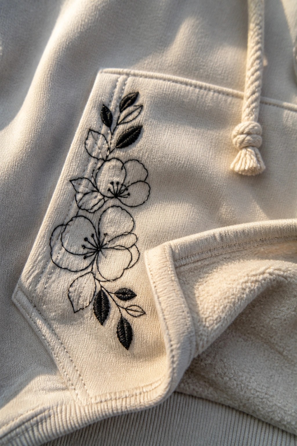 Cream hoodie pocket with black floral embroidery and knotted drawstring nearby