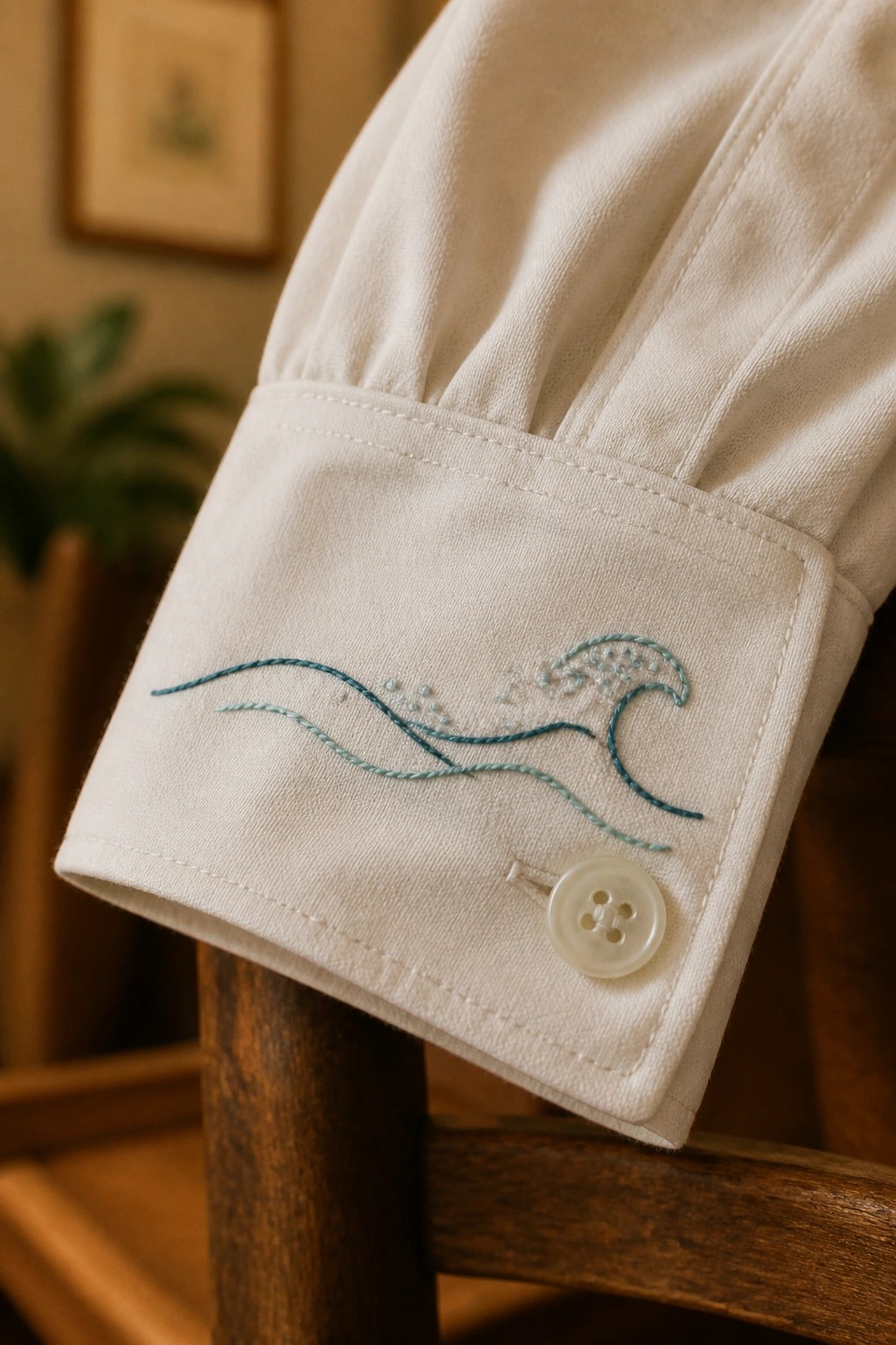 White shirt cuff with teal wave embroidery and button on wooden chair.