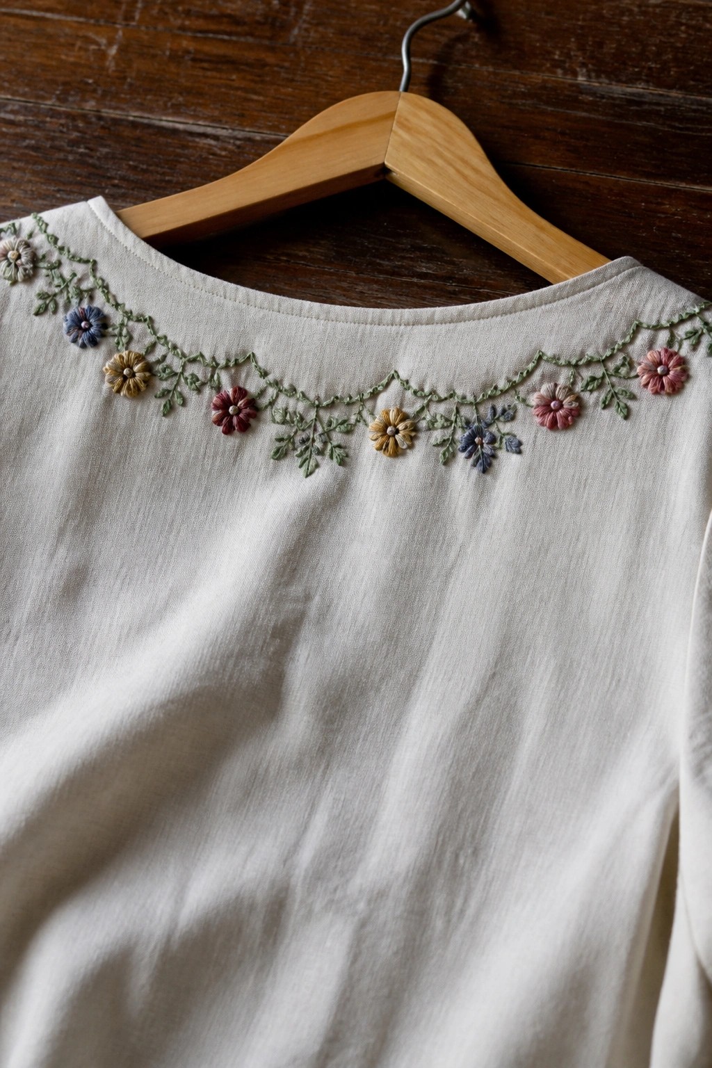 Close-up of a light-colored blouse neckline with multicolored embroidered flowers and green vines along the edge.