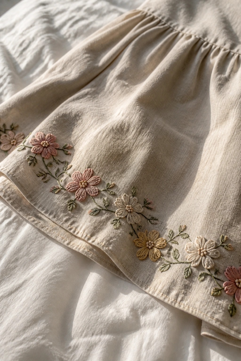 Beige linen garment with pink, yellow, and white floral embroidery and green leaves.