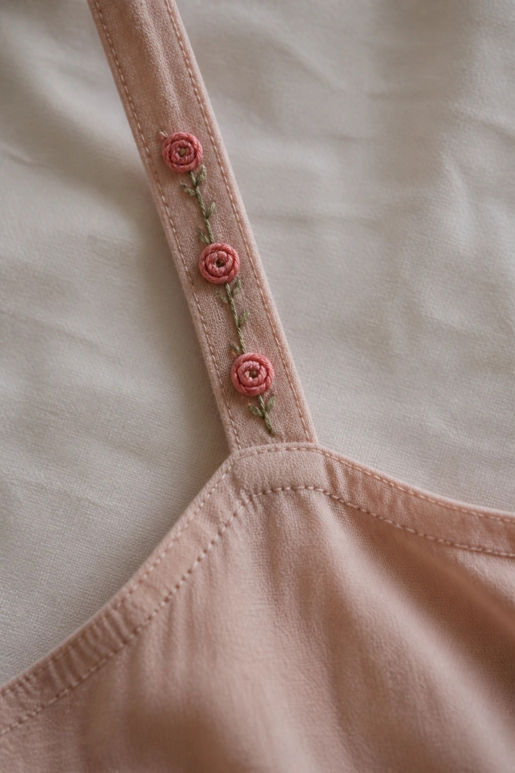 Close-up of a light pink fabric strap with three small pink embroidered roses and green stems running down its length.