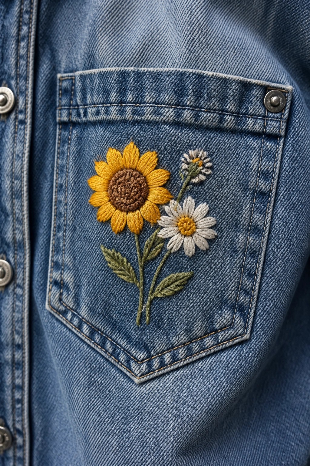 Blue denim jacket pocket embroidered with sunflower, daisy, and green leaves