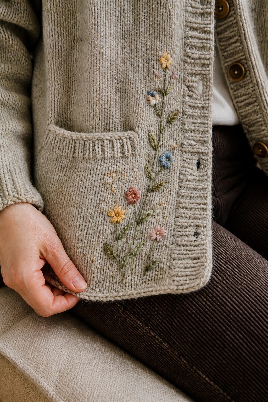 Beige knit cardigan with colorful floral embroidery, hand resting on pocket.