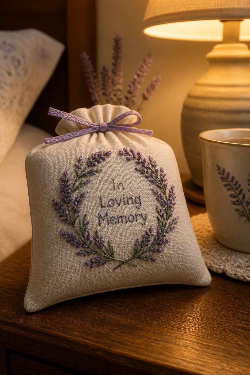 Beige drawstring pouch embroidered with lavender wreath and 