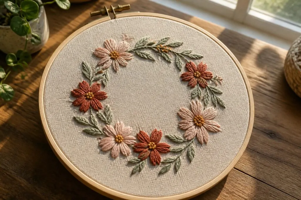 Embroidery hoop with linen fabric showing a circular floral wreath in pink and terracotta tones with green leaves.