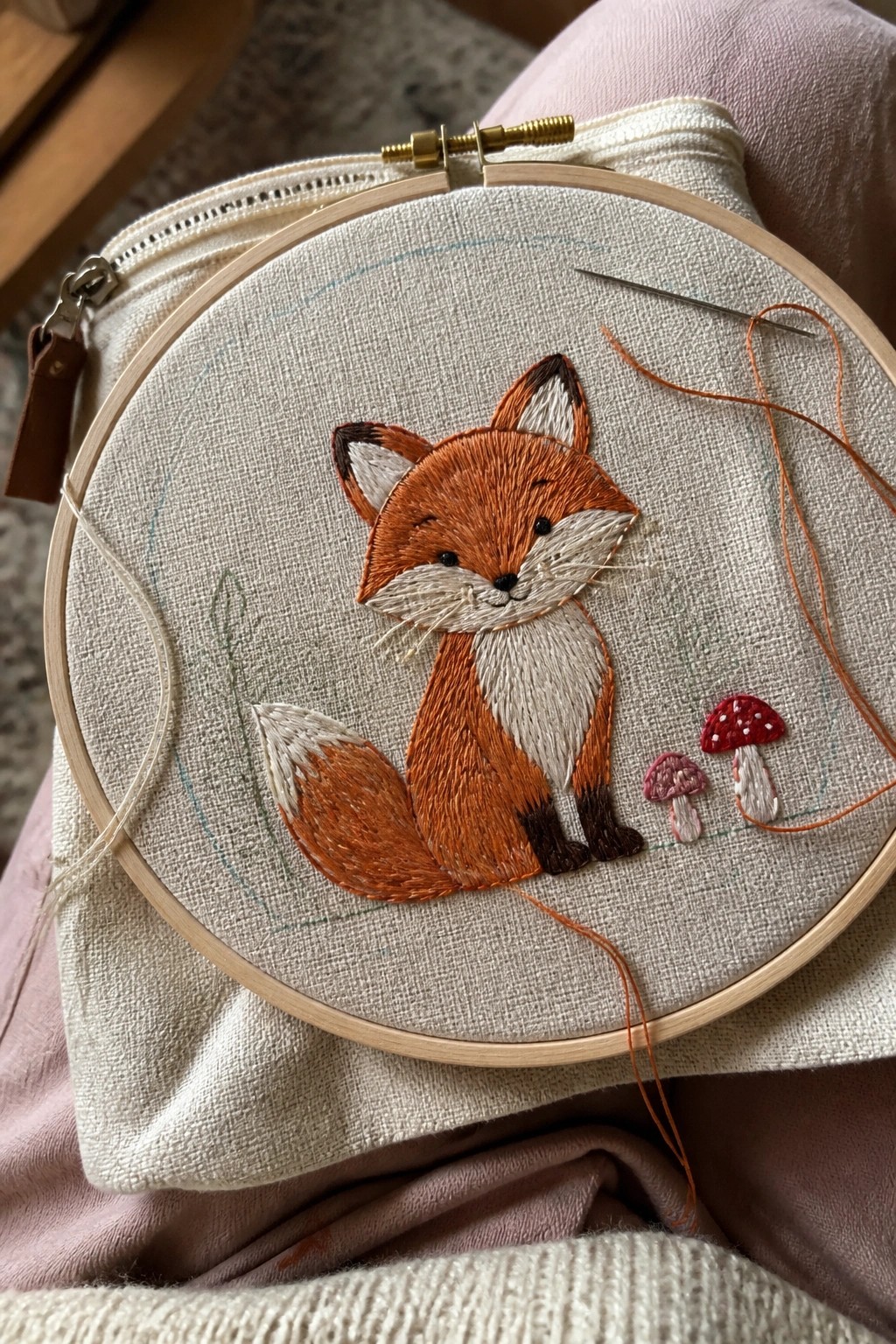 Embroidered orange fox with mushrooms in wooden hoop on pink lap fabric