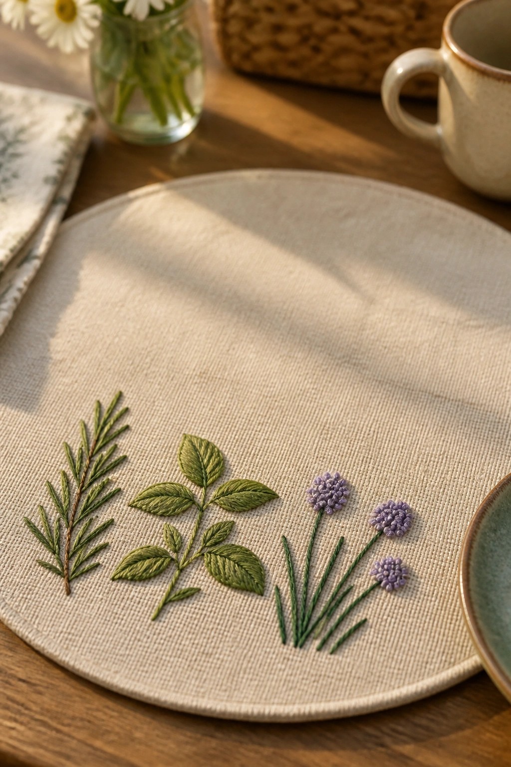 Round linen placemat embroidered with green leaves and purple flowers on wooden table