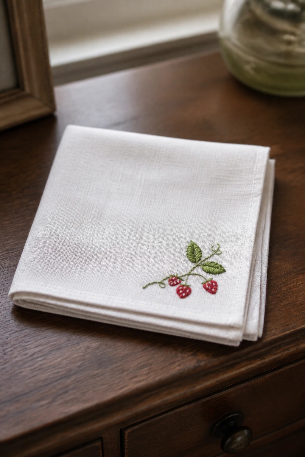 Folded white linen napkin with red raspberry embroidery on dark wooden table