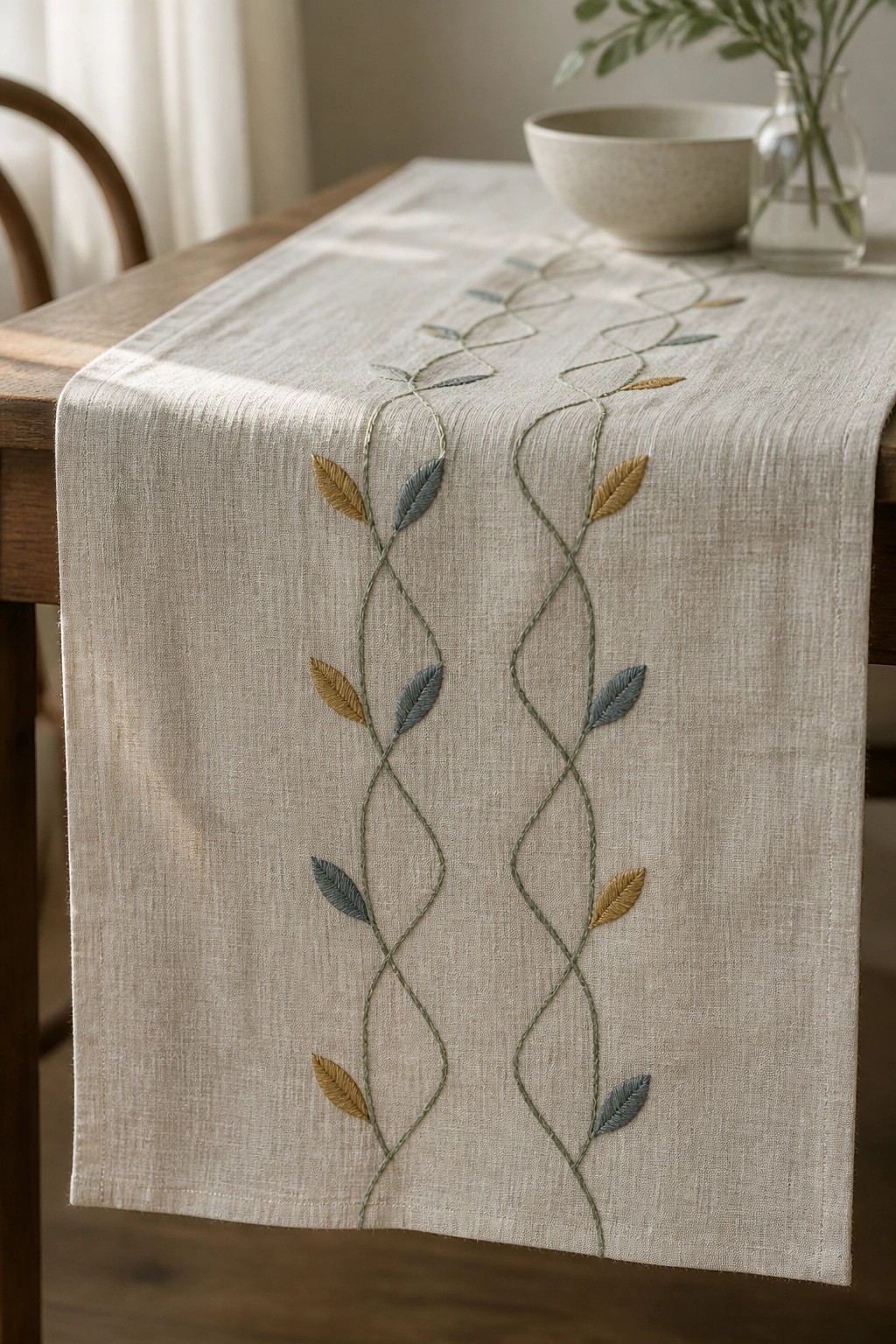 Beige linen table runner with green embroidered vines and yellow-blue leaves on wood table