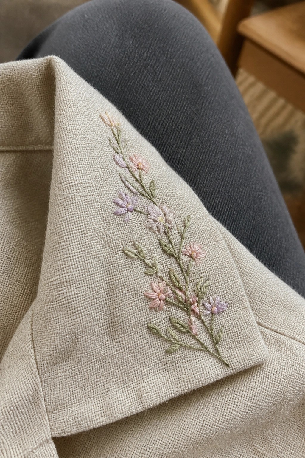 Beige linen sleeve with delicate pink and purple floral embroidery on gray pants.