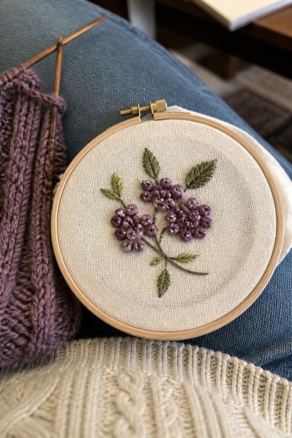 Purple floral embroidery hoop beside knitting needles on blue denim and white knit.