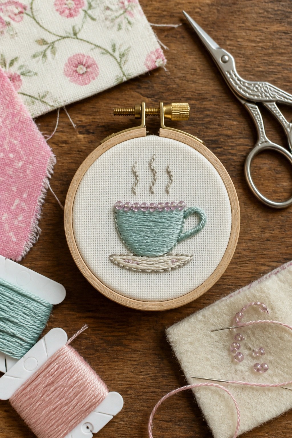 Embroidery hoop featuring mint teacup with beaded rim, steam, and saucer amid supplies