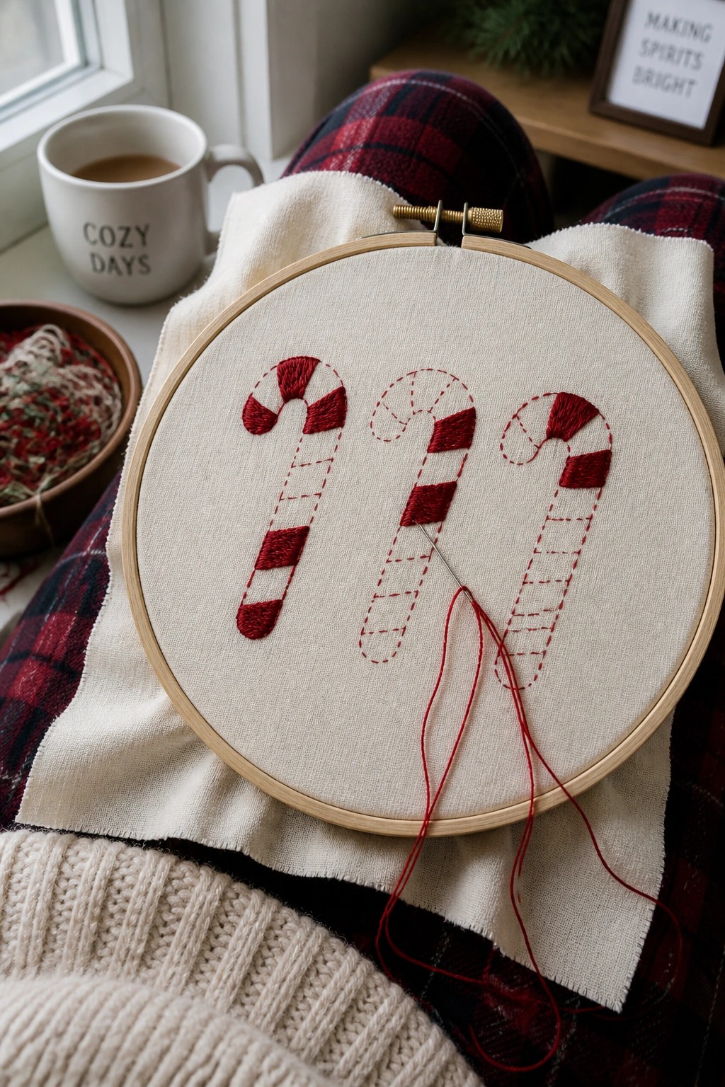 Person in plaid pants stitching red candy canes on fabric in embroidery hoop beside cozy mug.