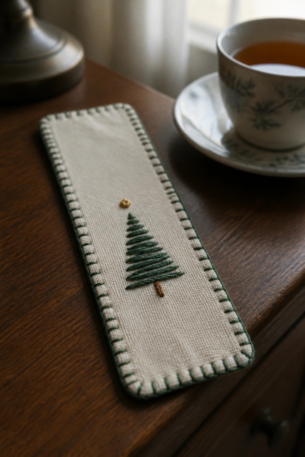 Embroidered pine tree on fabric bookmark beside teacup on wooden table