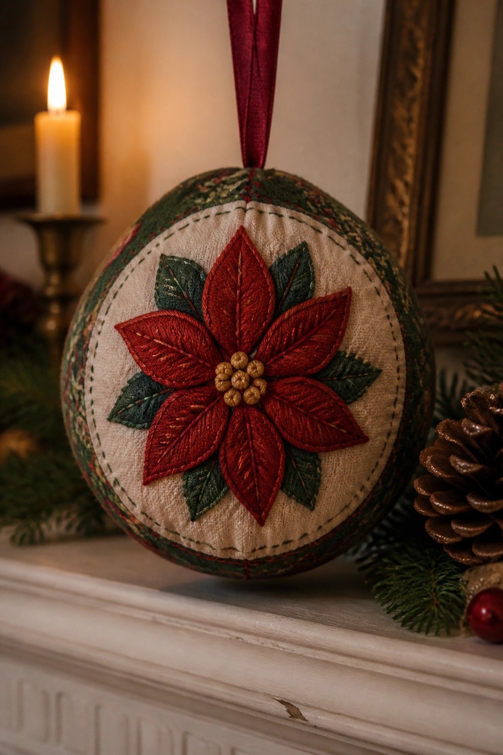 Embroidered red poinsettia Christmas ornament on mantel with lit candle and pinecones
