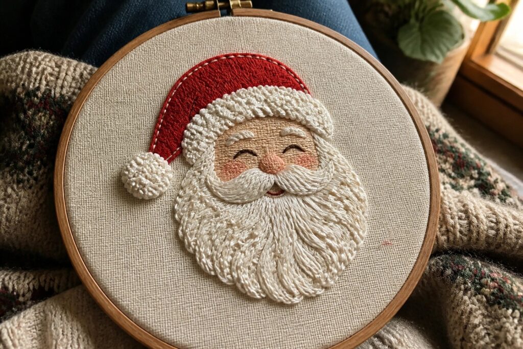 Embroidery of a Santa Claus face with red hat and white beard centered in a wooden hoop.