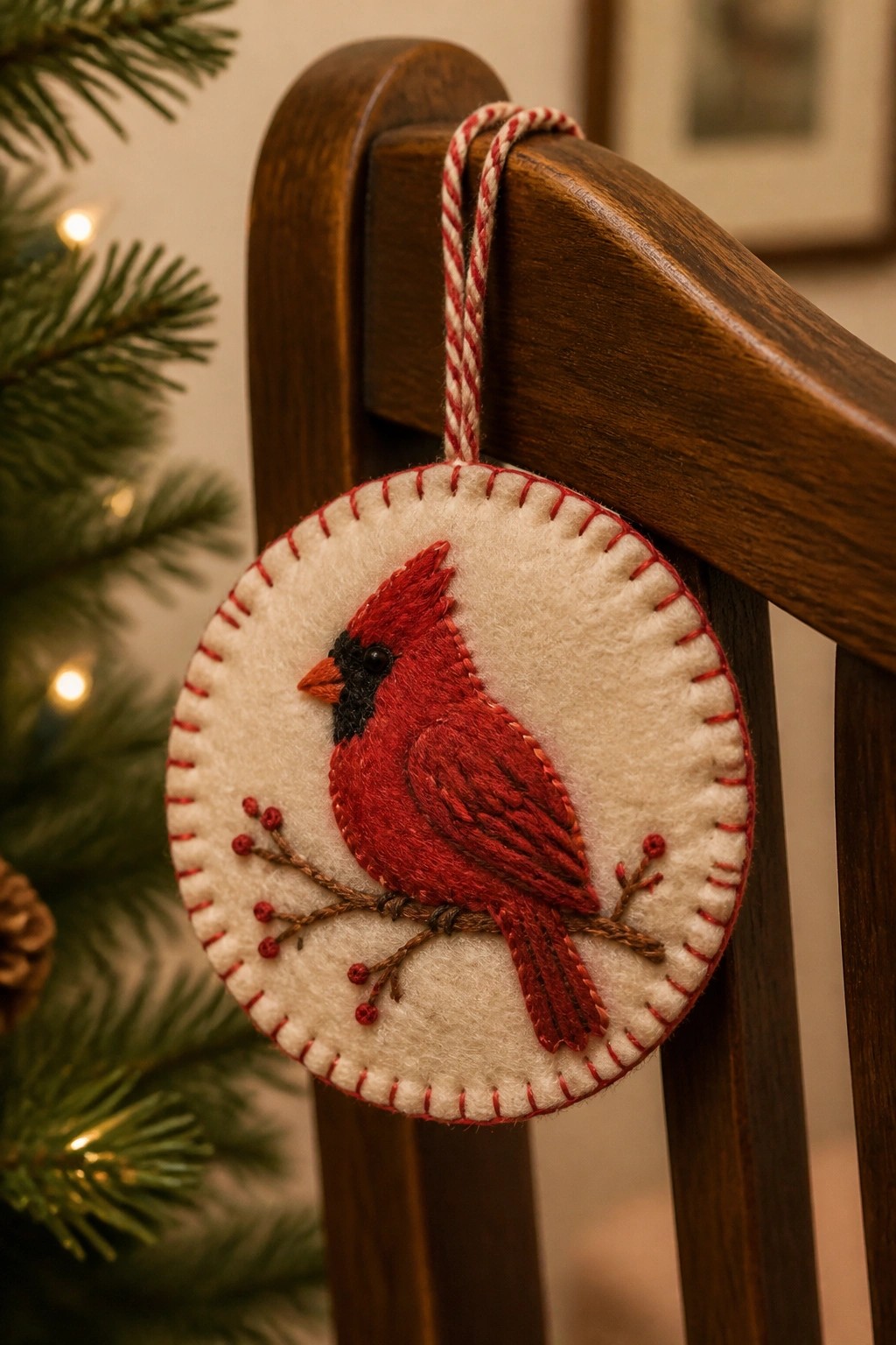 Red felt cardinal ornament on white stitched circle hanging from wooden chair by tree