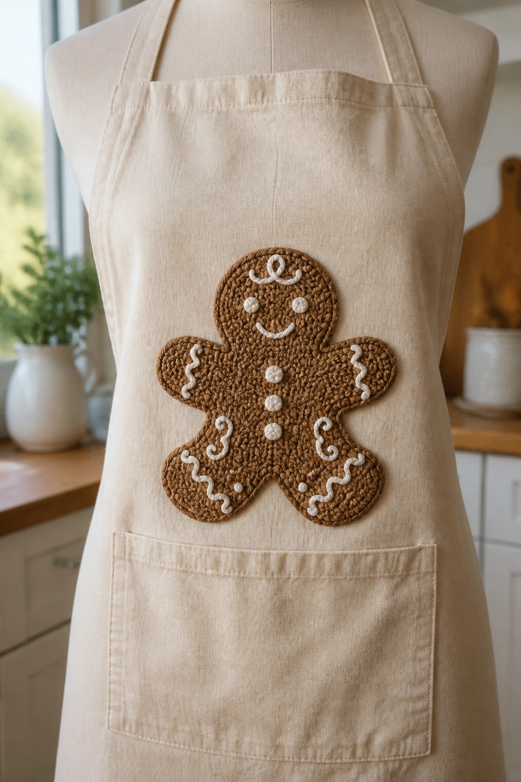 Beige apron on mannequin with crocheted gingerbread man appliqué and front pocket in kitchen