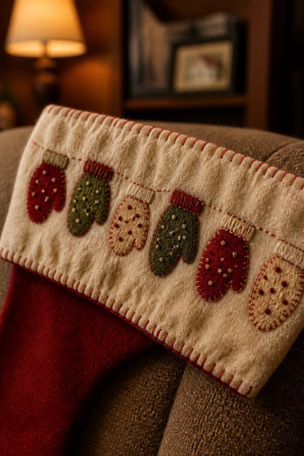 Red Christmas stocking with cream cuff and colorful embroidered mitten appliques