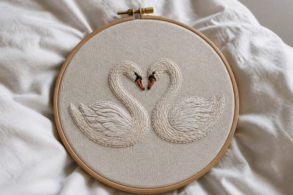 20 Creative Couple Embroidery Hoop Art for Wedding and Anniversary Keepsakes Two white swans with necks forming a heart, embroidered in a wooden hoop.