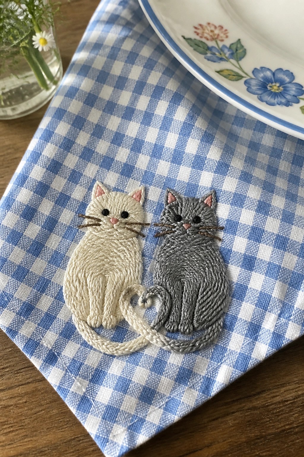 Embroidered white and gray cats on blue gingham fabric beside floral plate