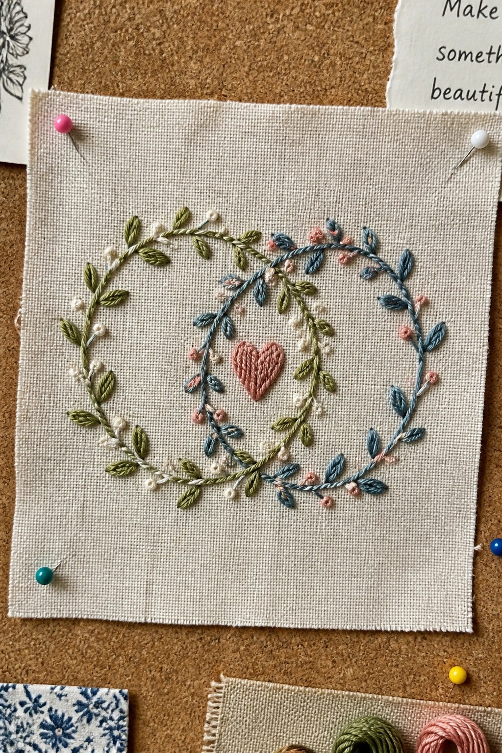 Embroidered floral wreath with central pink heart on fabric pinned to corkboard