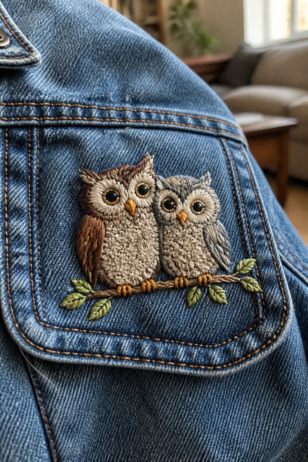 Two embroidered owls perched on leafy branch on blue denim pocket