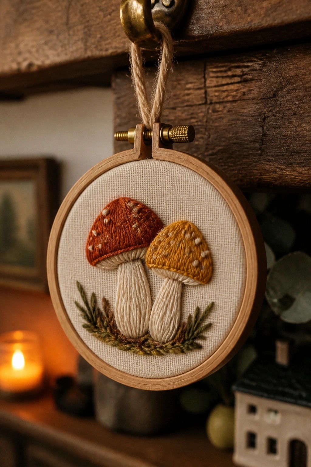 Wooden hoop with embroidered red and yellow mushrooms hanging from brass hook.