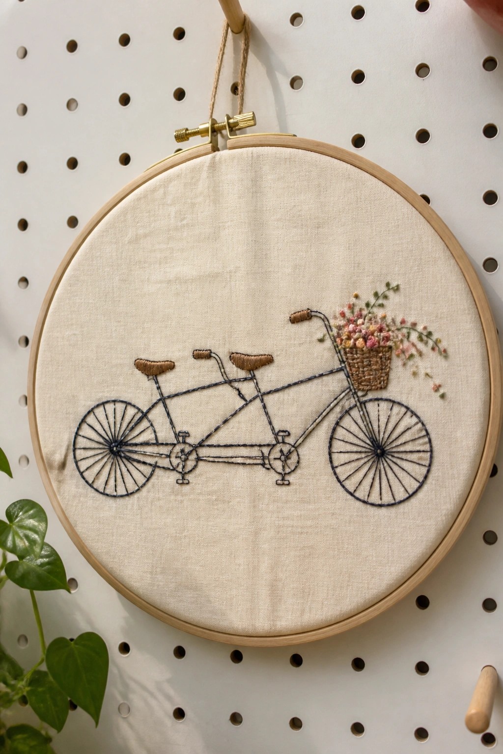 Tandem bicycle embroidery with flower basket in wooden hoop on pegboard