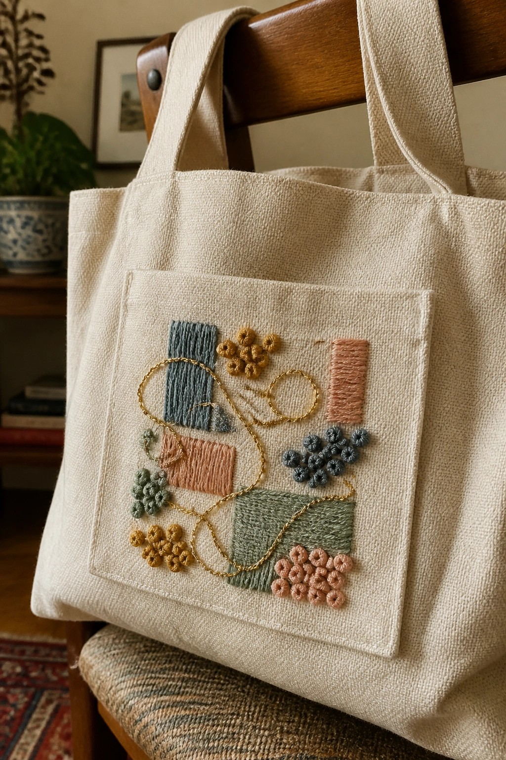 A canvas tote bag pocket embroidered with rectangular blocks and small looped stitch clusters in muted colors connected by a gold thread line.