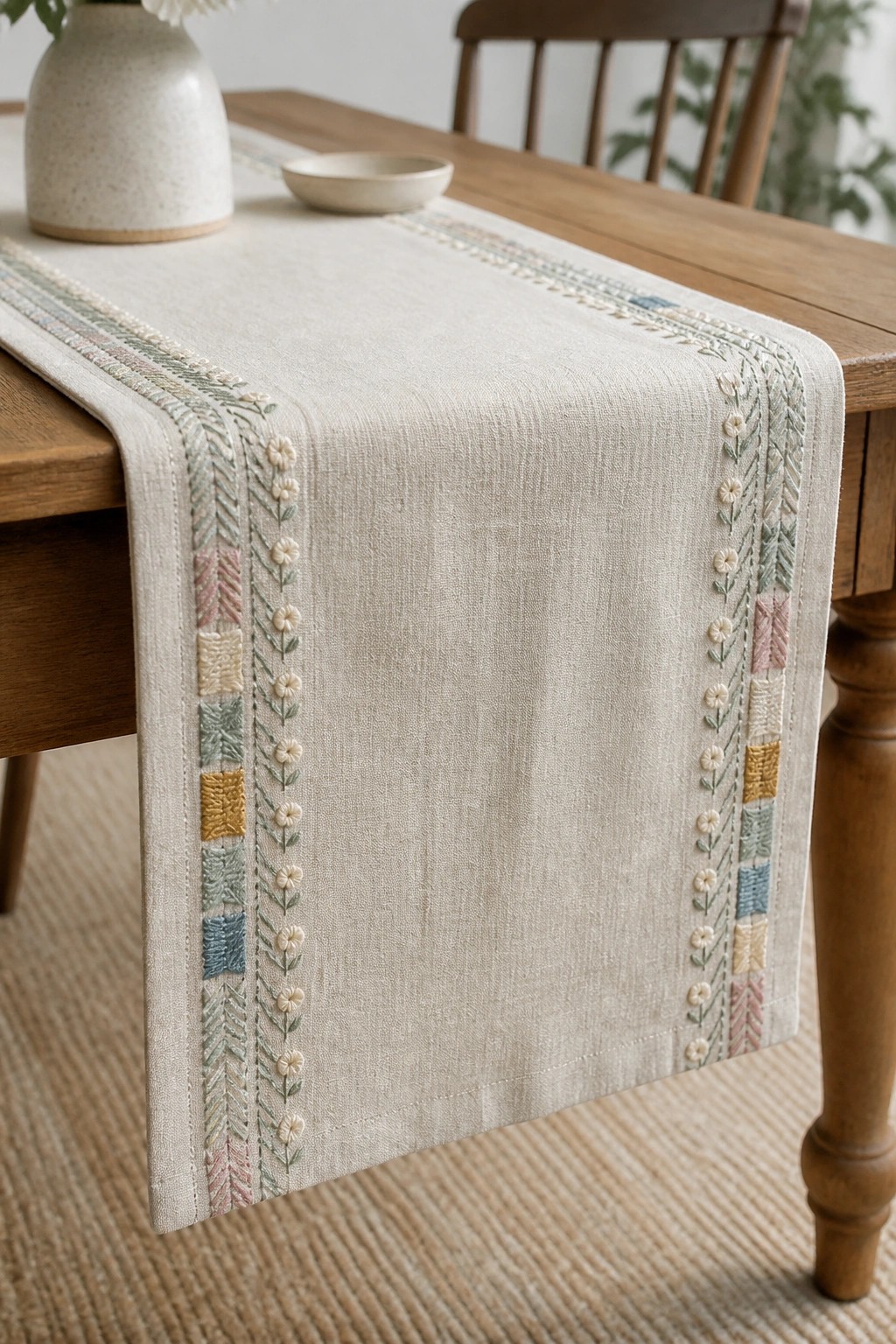 A beige table runner with embroidered borders featuring chevrons, flowers, and squares in pastel colors lies on a wooden table.