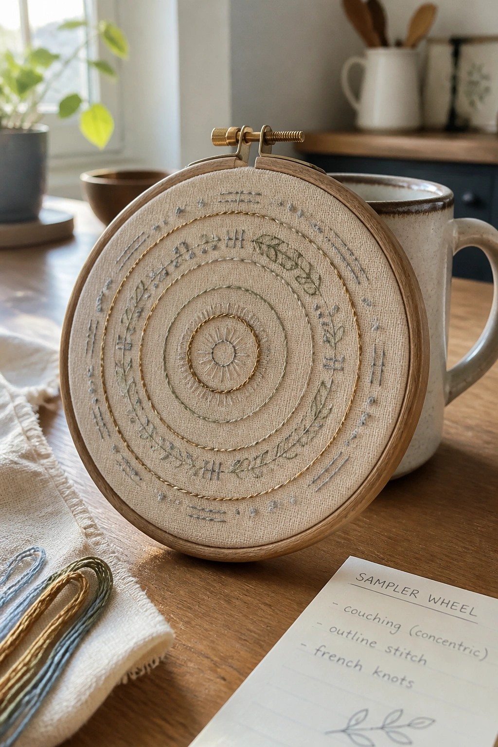 Embroidery sampler wheel in wooden hoop on table with threads and stitch notes