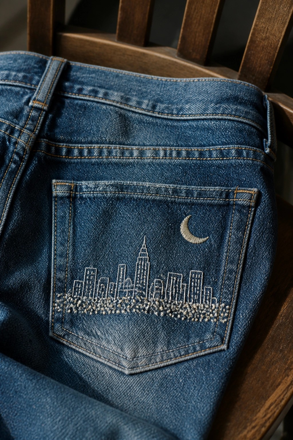 Blue denim jeans back pocket embroidered with city skyline and crescent moon on chair.
