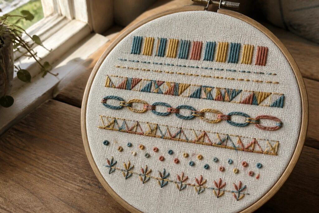 Embroidery hoop with rows of colorful stitches in teal, orange, and yellow