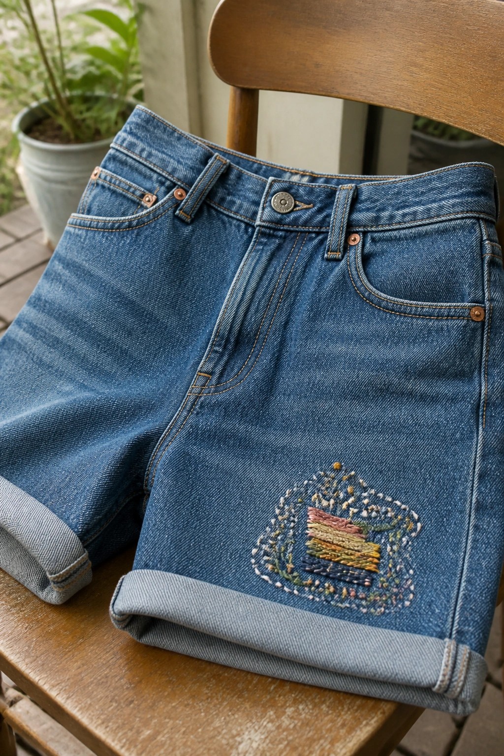 Blue denim shorts with rolled cuffs and cake embroidery on wooden chair
