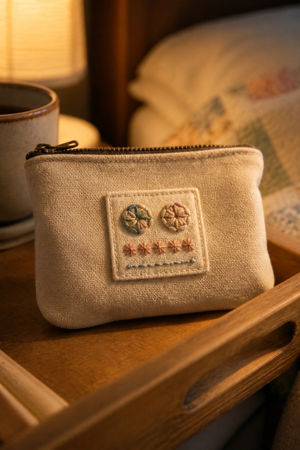 Beige zippered pouch with colorful embroidered flowers and stars on wooden tray.