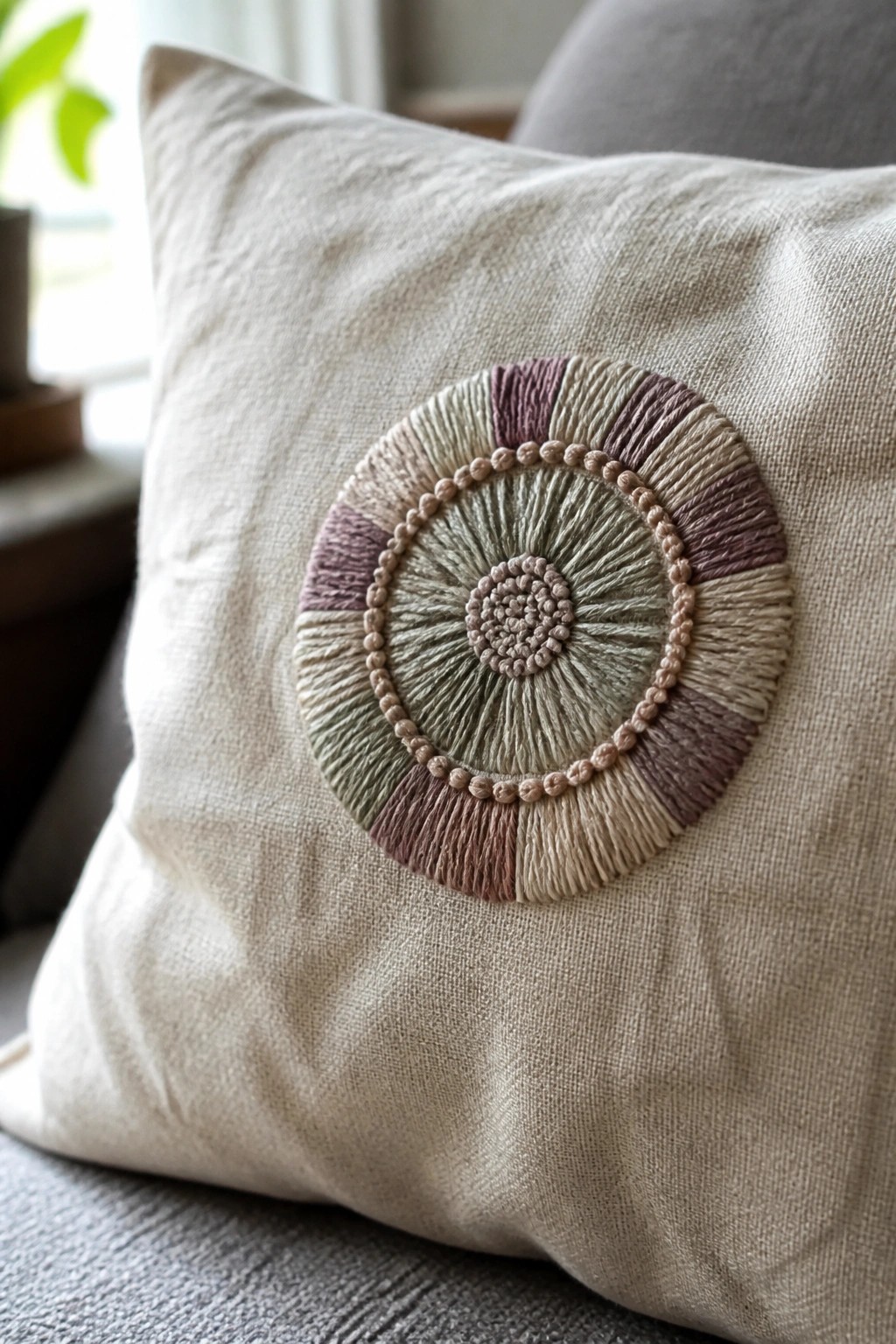 Beige linen pillow with circular embroidery in muted purple, green, and beige tones.