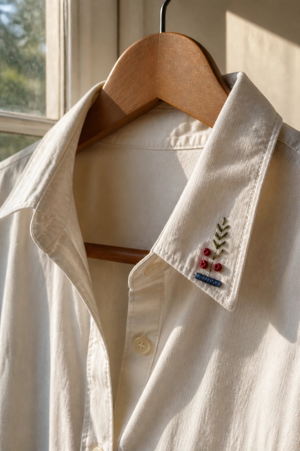 White shirt on wooden hanger with red berry and leaf embroidery on collar