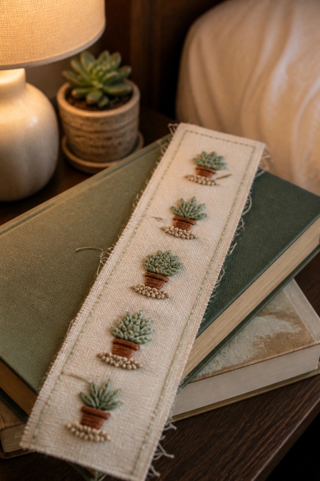 Embroidered bookmark with potted succulents on stacked vintage books