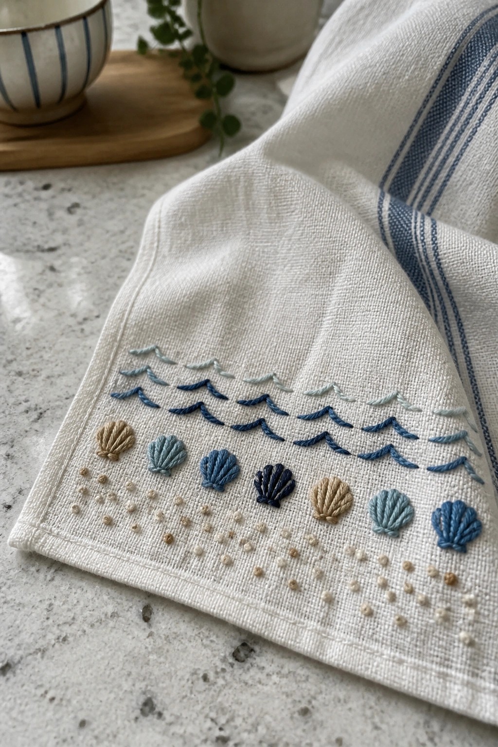 White fabric towel with blue wave stitches, seashells, and dotted lines embroidered along the border.