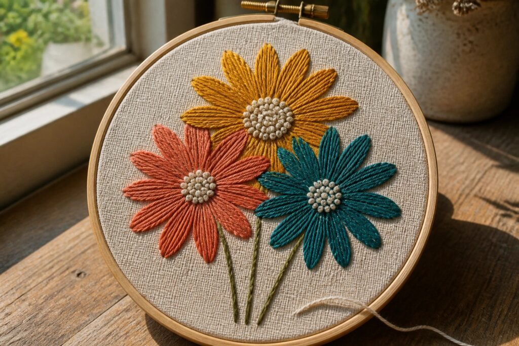 Wooden hoop holding yellow, teal, and coral embroidered daisies on beige fabric.
