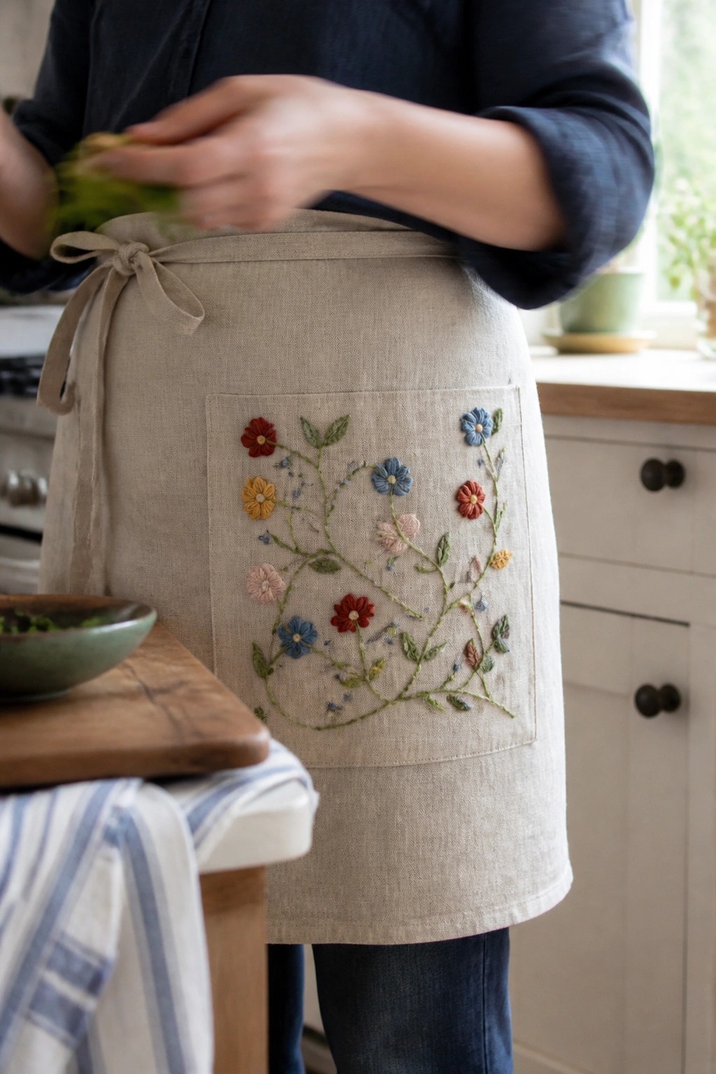Beige apron with colorful floral embroidery, hands holding leafy greens in kitchen