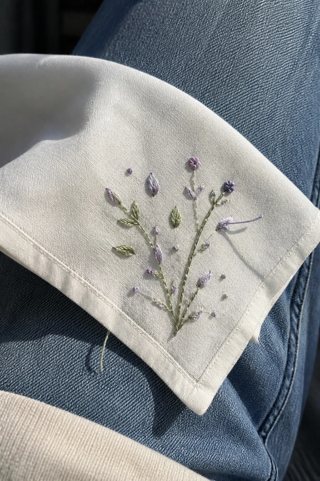 White fabric with purple lavender embroidery draped over blue denim jeans in sunlight