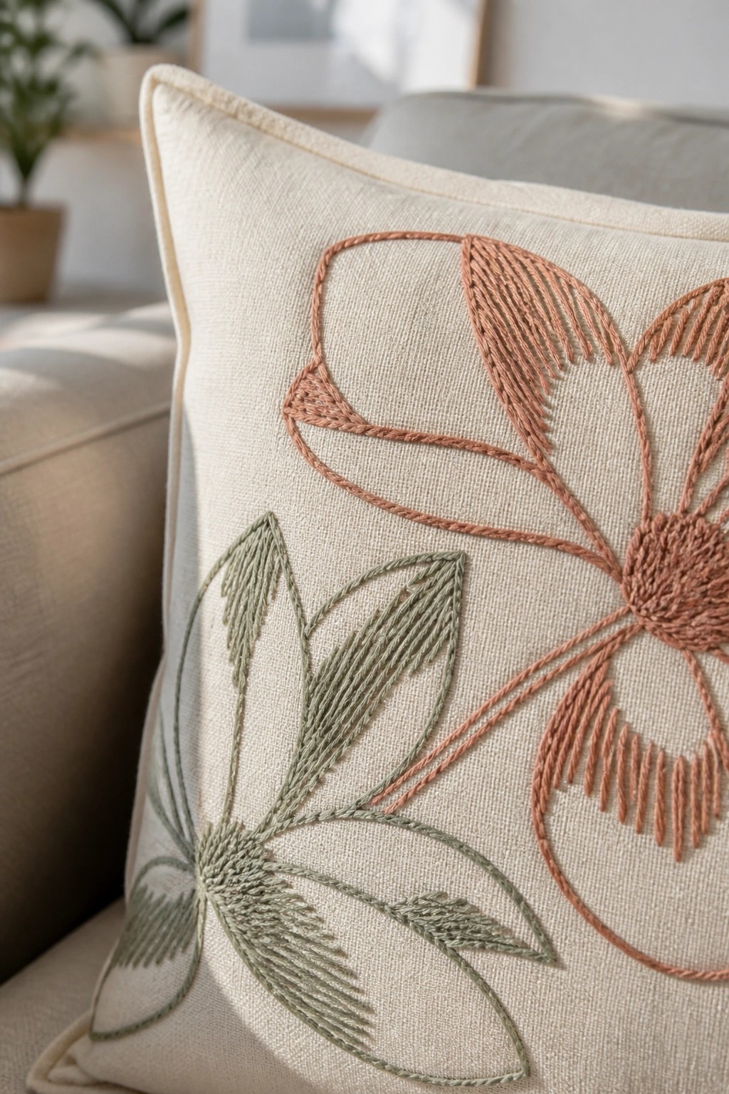 Close-up of an off-white pillow embroidered with large peach and sage green flowers.